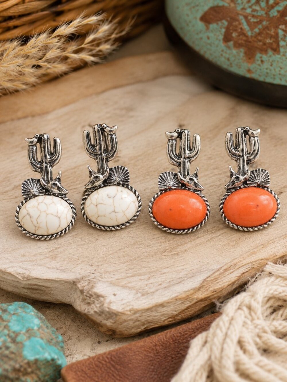 2 Pairs of Boho Western Style Silver Stone Earrings NEW